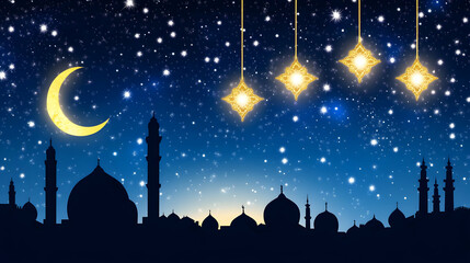 Naklejka premium Ramadan, Islamic, night sky, cityscape silhouette, crescent moon, stars, lanterns