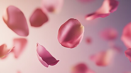 Naklejka premium Falling rose petals creating a soft, dreamy effect on a pastel pink background for romantic-themed materials.