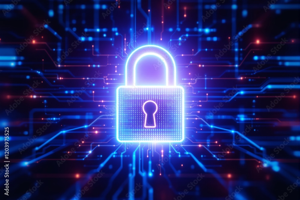 Poster glowing padlock on digital network background concept.