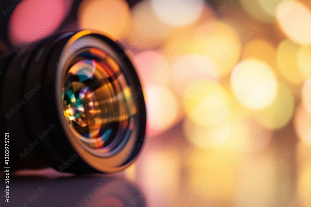 Poster close-up of a photography lens with vibrant bokeh lights in the background.
