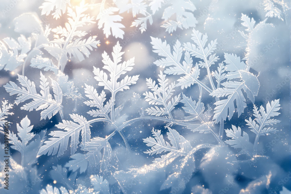 Aufkleber frosted leaves with soft glowing light and sparkling snowflakes on a dreamy winter background.