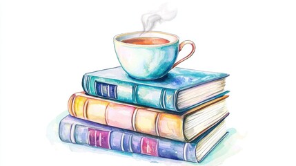 Naklejka premium Cozy Cup of Tea on Stack of Colorful Books in Watercolor Style