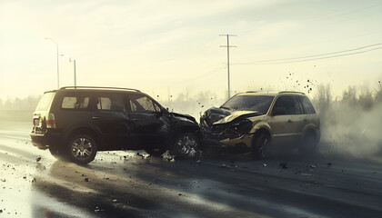 Obraz premium Car crash dangerous accident on the road. SUV car crashing beside another one on the road