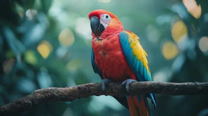 A vibrant scarlet macaw perched gracefully on a branch within its lush rainforest habitat showcasing its bright plumage against a bokeh background