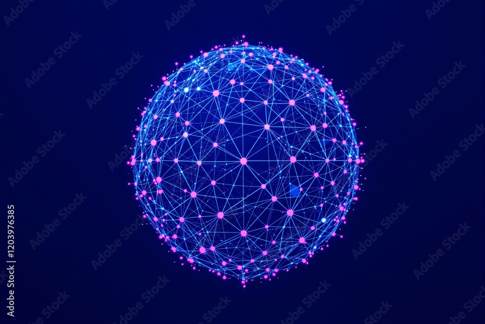 Aufkleber Glowing network sphere with interconnected nodes on a dark background.