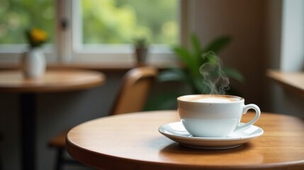 Aromatic Steam Rising from a Cup of Cappuccino on a Wooden Table in a Cozy Cafe
