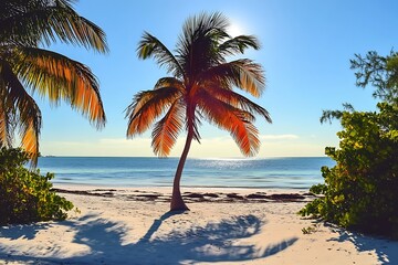 Beach with palm trees and sea on a clear day
