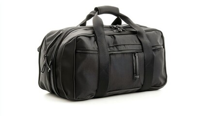 Naklejka premium Stylish Black Travel Duffle Bag with Multiple Pockets and Zippers