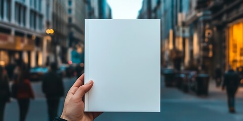 hand holding  white book mockup of a blank cover with a city street blur background