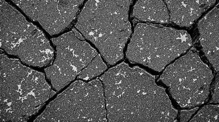 Fototapeta premium Black and white, dark gray volcanic basalt rock mountain, cracked and crumbled granite texture, broken stones scattered across a desolate, rugged terrain