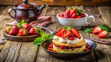 Rustic Wooden Table Strawberry Shortcake Tea Time Dessert