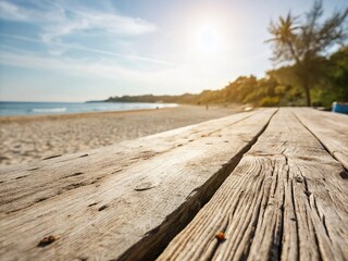 Rustic Wooden Tabletop on Blurred Summer Beach Background - High-Resolution Stock Photo