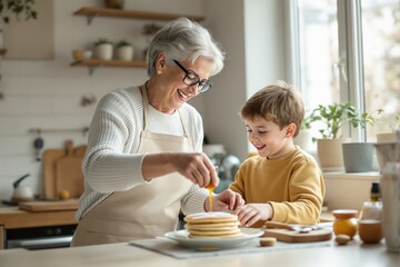 Grandmother and grandson cooking together in a cozy kitchen.