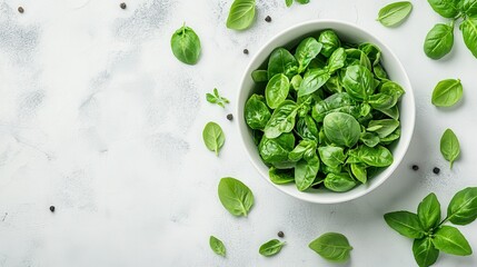 Obraz premium Fresh Basil Leaves in Bowl Top View Healthy Food Ingredient Cooking Recipe