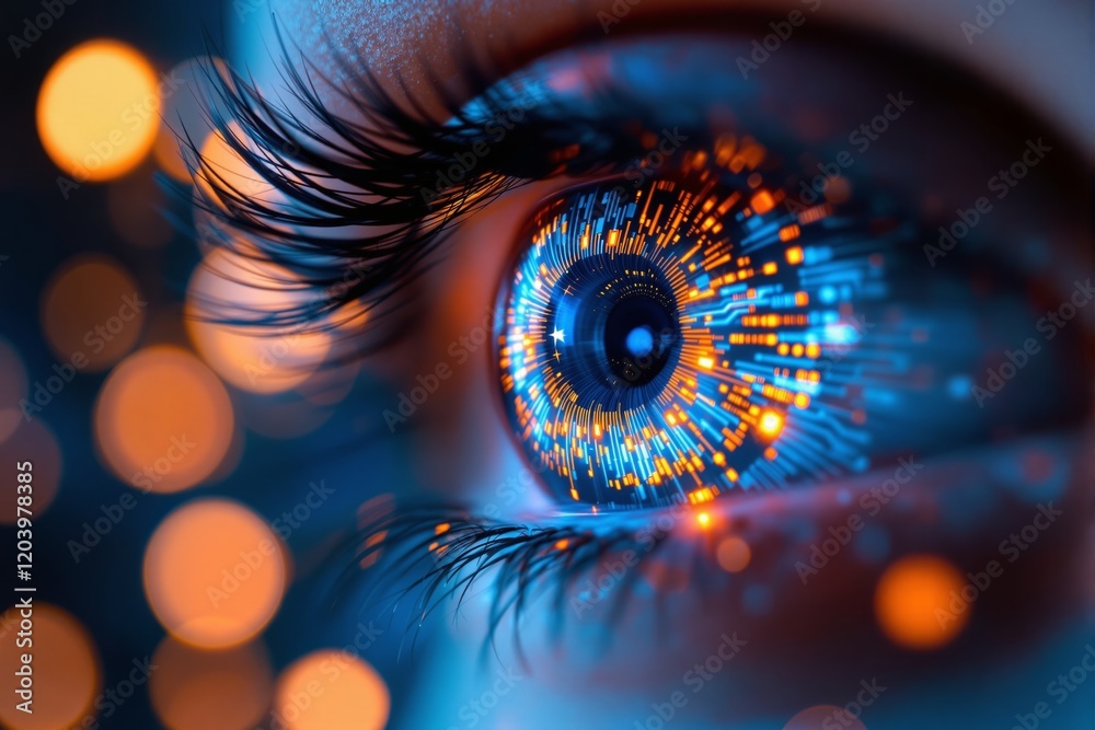 Poster Close-up of a futuristic eye with glowing digital patterns and vibrant bokeh effect in the background.