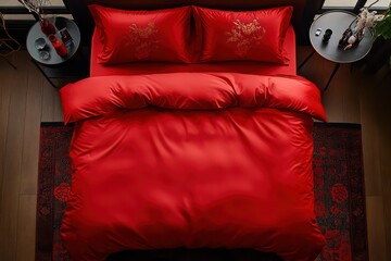 In the spot. Bedroom, high angle frontal shot of bed, panoramic view of bed. The bed with big red sheets has a dreamy rose element atmosphere