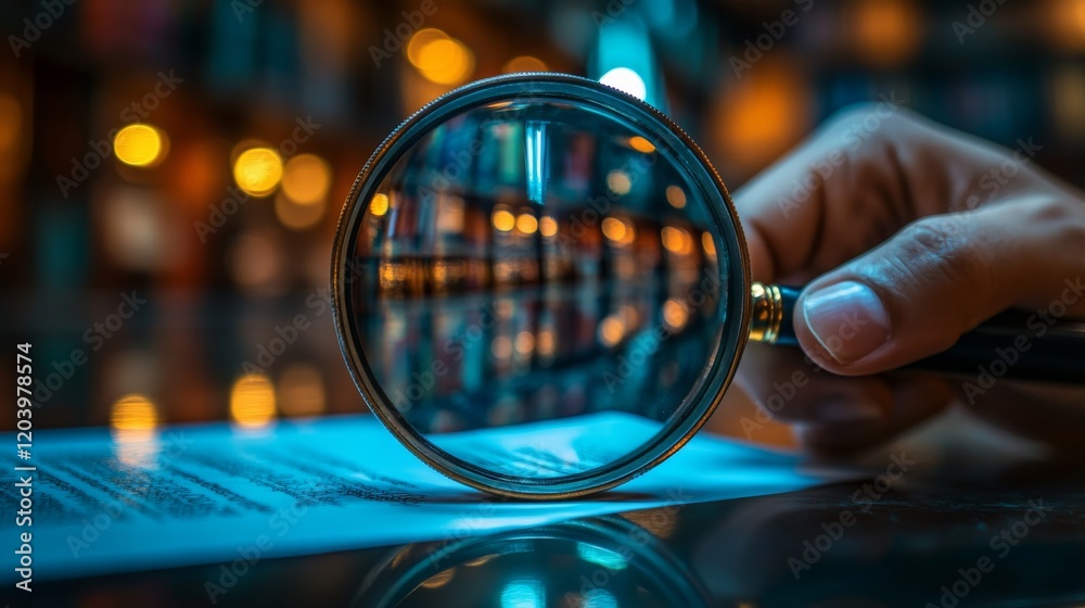 Aufkleber Magnifying the Fine Print: Close-Up of a Hand Holding a Magnifying Glass over a Document with a Blurred Library Background