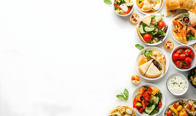 Delicious buffet food flatlay, white background