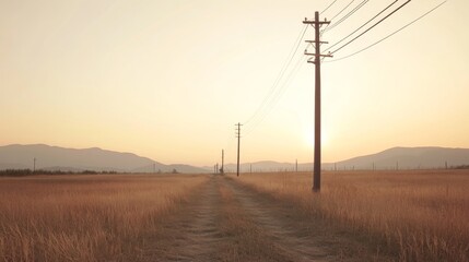 Rural sunset landscape with power lines and dirt road.