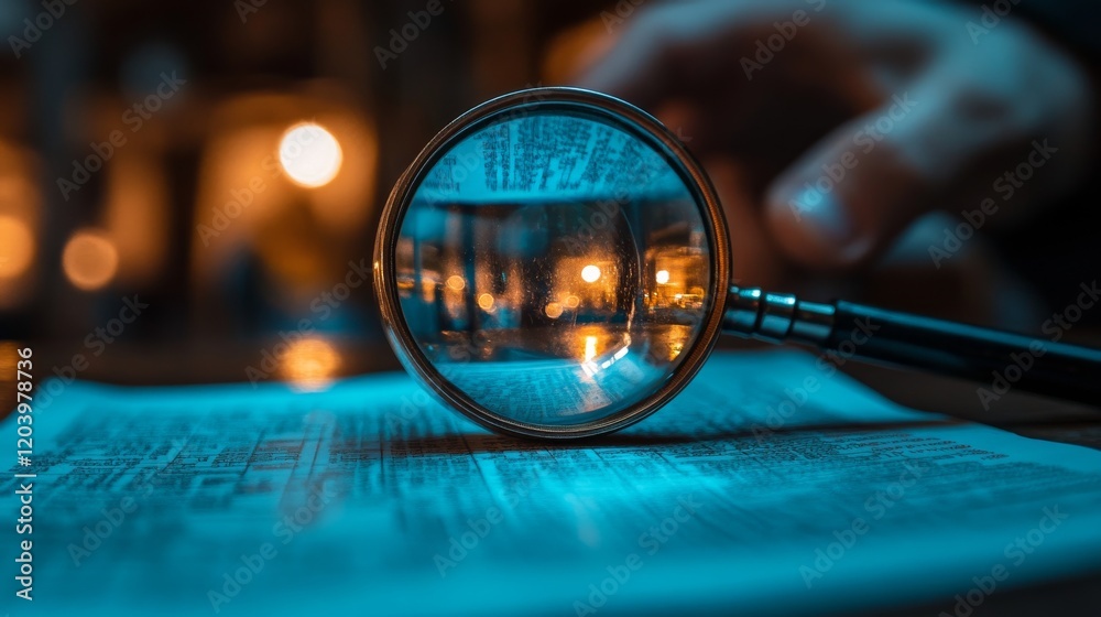 Aufkleber Magnifying glass focusing on detailed text with warm bokeh lights in the background creating an investigative atmosphere