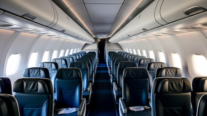 Fototapeta premium Interior of modern aircraft with flight seats and hallway in daytime during flight