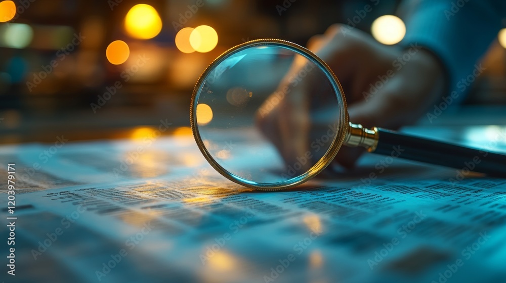 Poster close-up of a magnifying glass over a newspaper, highlighting its fine print, creating a sense of in