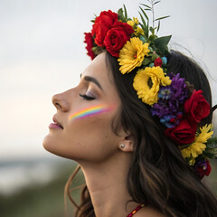 Naklejka premium Portrait of a woman featuring a crown of vibrant flowers and colorful rainbow light stripes on her face