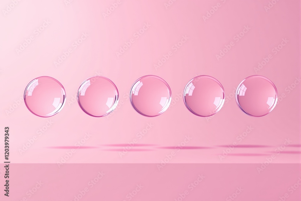 Poster five transparent pink bubbles floating on a soft pink background.