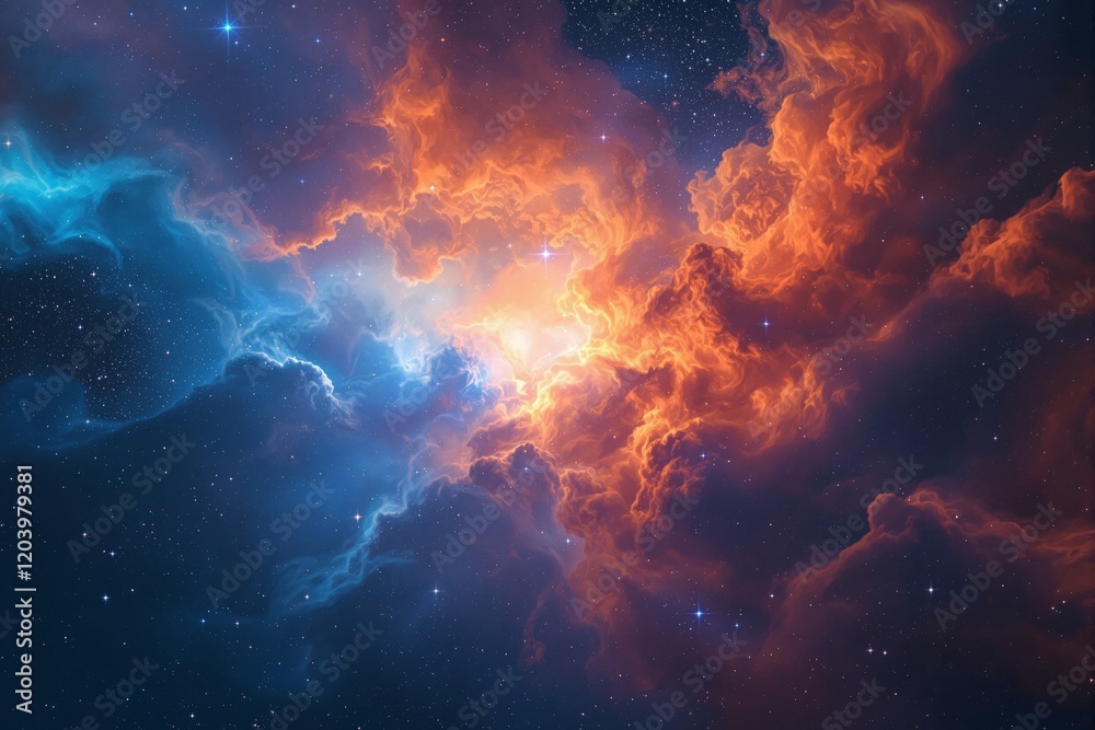 Poster abstract cosmic scene of vibrant orange and blue clouds in outer space, illuminated by stars.