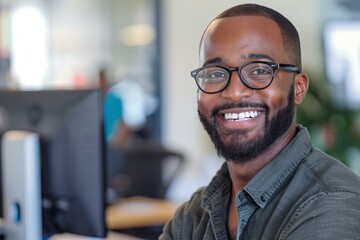 Obraz premium Portrait of a cheerful businessman smiling while working on his computer in a bright, modern office environment