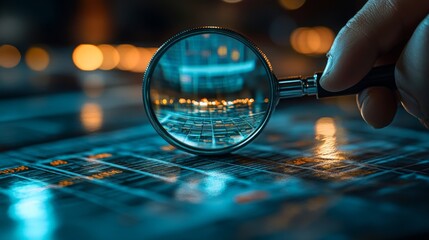 Close-up of a Hand Holding a Magnifying Glass Examining Data on a Dark Table Reflecting City Lights at Night
