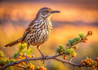Fototapeta premium Sage Thrasher Bird on Desert Branch, Rule of Thirds Composition