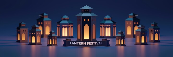 Obraz premium A creative minimalist 3D render of a lantern festival poster with a dark theme. There are multiple lanterns in various shapes and sizes, each with a unique pattern. 