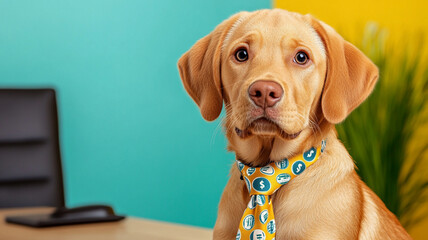 Petfluencer, pet idol, Stable financial and economic policies, dog wearing tie with financial icons, looking professional and cute