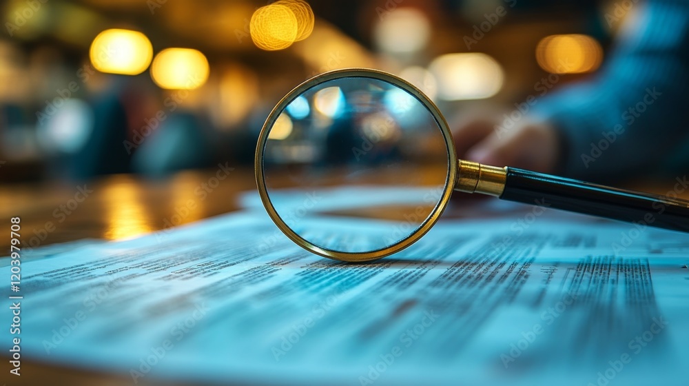 Aufkleber Close up of a magnifying glass over documents suggesting careful examination or analysis with a golden bokeh backdrop