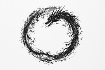Fototapeta premium Abstract black dragon forming circular shape on white background, symbolizing eternity and balance.