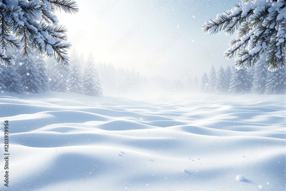 Poster snowy forest landscape with soft light and snow-covered trees on a serene winter day.