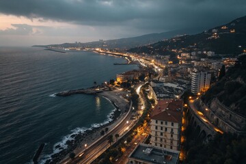 Fototapeta premium Sanremo Nightscape: Minimalist Aerial View of Italian Coastal City at Night