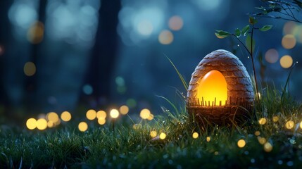 easter background grass whimsical concept, A cozy, glowing beehive nestled in a serene forest, surrounded by ethereal lights, creating a magical nighttime atmosphere.