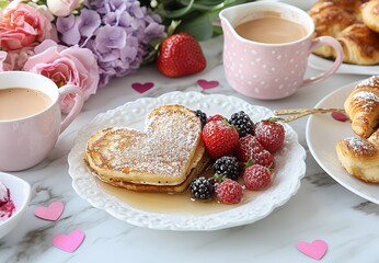Romantic Heart Shaped Pancakes with Berries Syrup Valentine s Breakfast