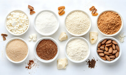 Baking ingredients arranged on white background