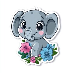 Obraz premium Cute baby elephant amidst flowers; children's illustration, ideal for cards