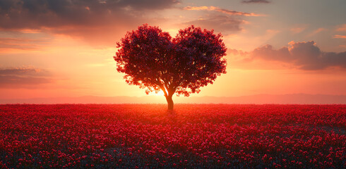 A tree with a heart shape in the middle of a field of red flowers. The sun is setting in the background, creating a warm and romantic atmosphere