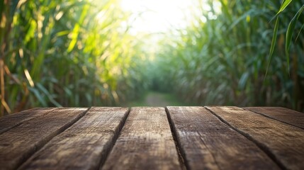 Fototapeta premium Empty wooden brown table top with blur background of sugarcane plantation. Generated AI