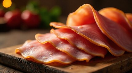 Close-up of Deliciously Thin Slices of Smoked Ham on Rustic Wooden Board