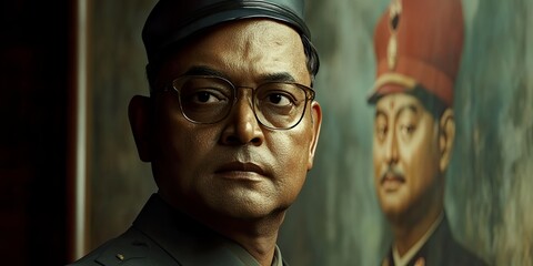 Portraits of Indian Independence Leader Subhas Chandra Bose displayed at a community center