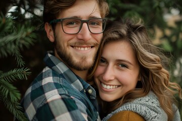 Fototapeta premium Young couple smiling and embracing near a pine tree, enjoying a romantic moment together outdoors