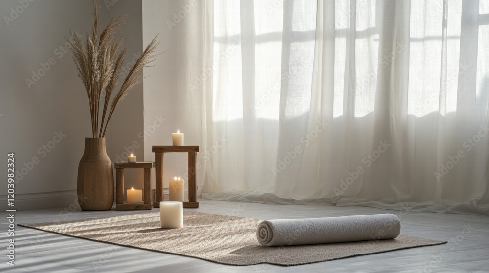 Poster relaxing yoga space with natural light and tranquil decor featuring candles and a mat. generative ai