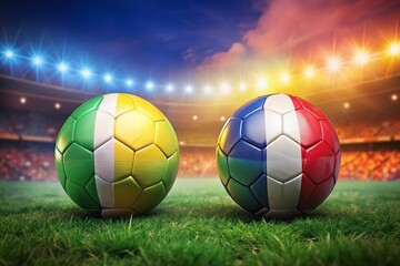 Fototapeta premium Senegal vs Netherlands Soccer Match: Two Footballs on Blurred Stadium Background