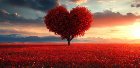 A red tree with a heart shape in the middle of a field. The sky is cloudy and the sun is setting